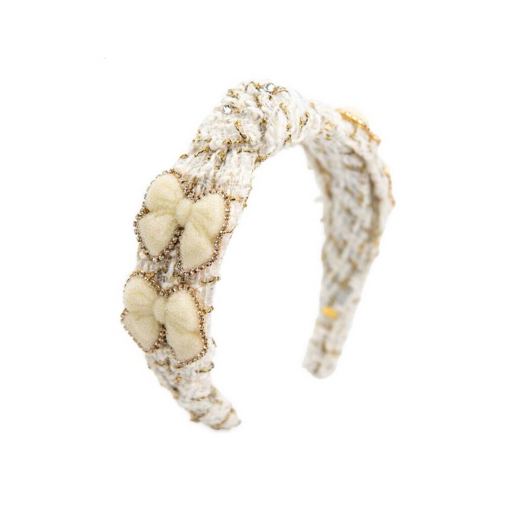 NEW BARI LYNN girl's knot tweed bow headband in ivory